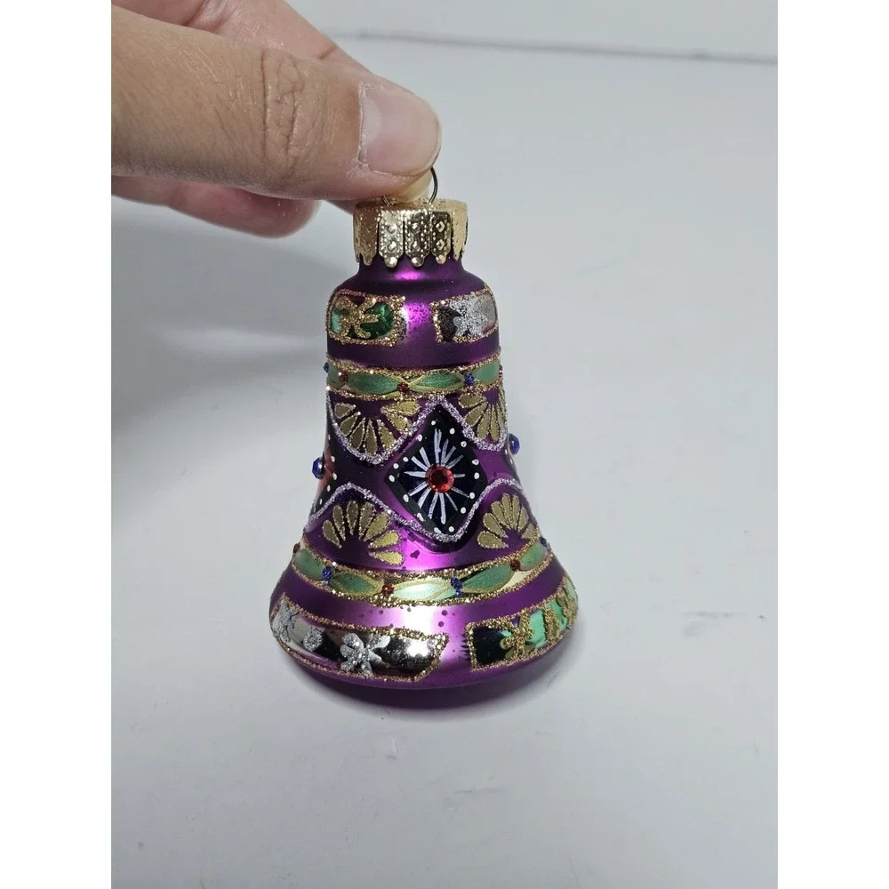 Set of 2 Polish Blown Glass Christmas Ornaments Red Ball Purple Bell Glitter Vtg